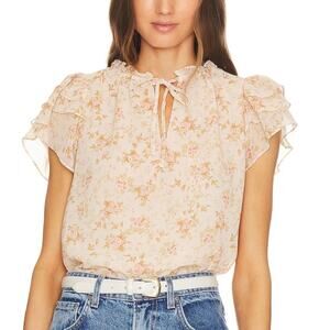 1 STATE Pink Flutter Sleeve Tie Neck Blouse Chiffon Ruffle Top Women's Small